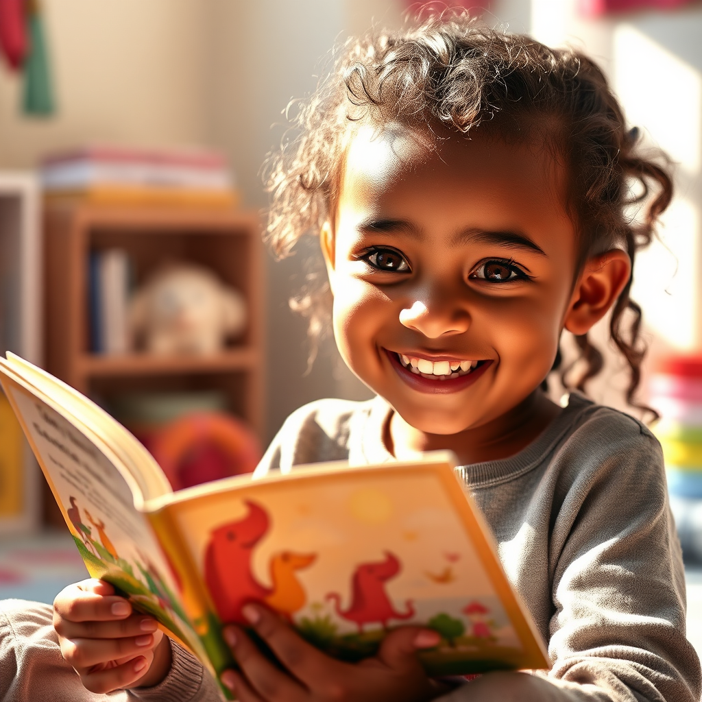 Child happily reading a personalized storybook