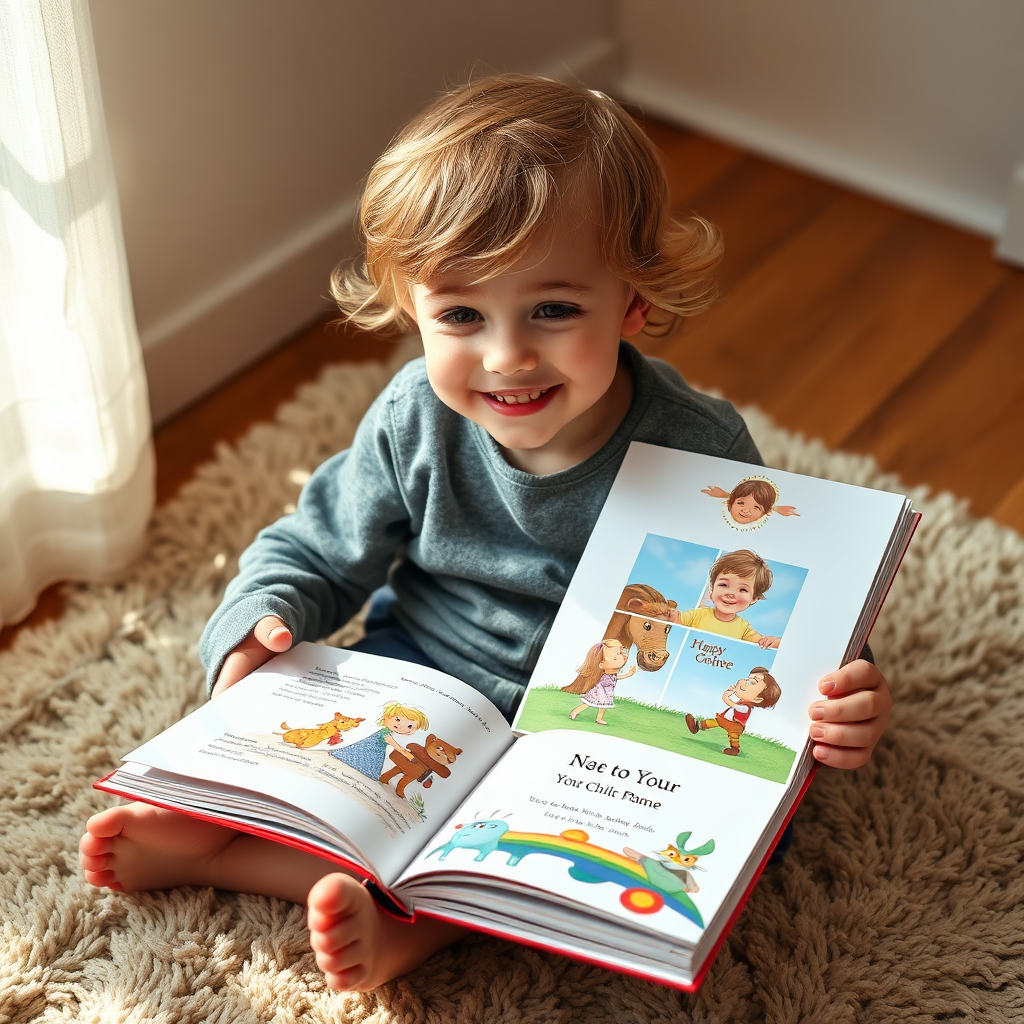 Child happily reading a personalized storybook