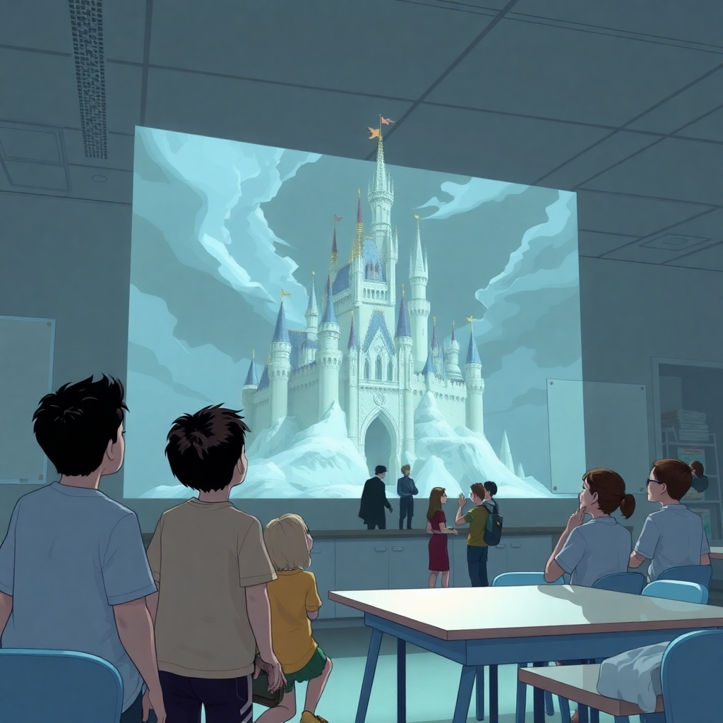 A holographic projection of a fantastical castle, with characters seemingly stepping out of the projection. A group of children watches in awe. The scene is set in a modern, minimalist classroom. Style: Science fiction illustration.