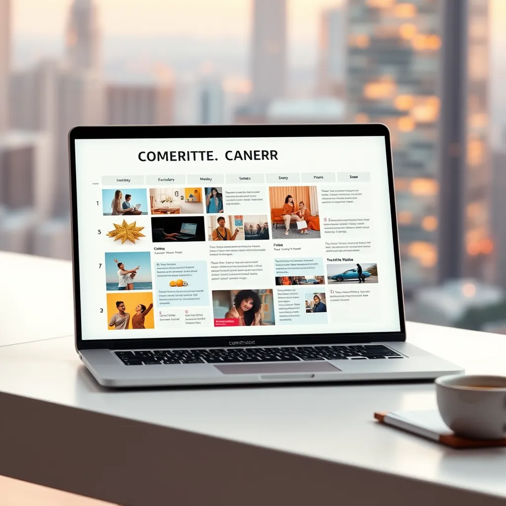 A modern, minimalist image of a laptop with a glowing screen displaying a content calendar filled with engaging visuals and text. The background is a blurred cityscape with a warm, inviting color palette. The laptop sits on a sleek, white desk with a cup of coffee and a notepad nearby. The image should convey a sense of creativity, organization, and inspiration.  Render in 8K resolution with a focus on sharp detail and realistic textures, showcasing the vibrant colors and textures of the laptop and the surrounding environment.  Use a soft, diffused lighting to create a comfortable and inviting atmosphere. Focus on the details of the content calendar, highlighting the visual appeal and organization of the content.