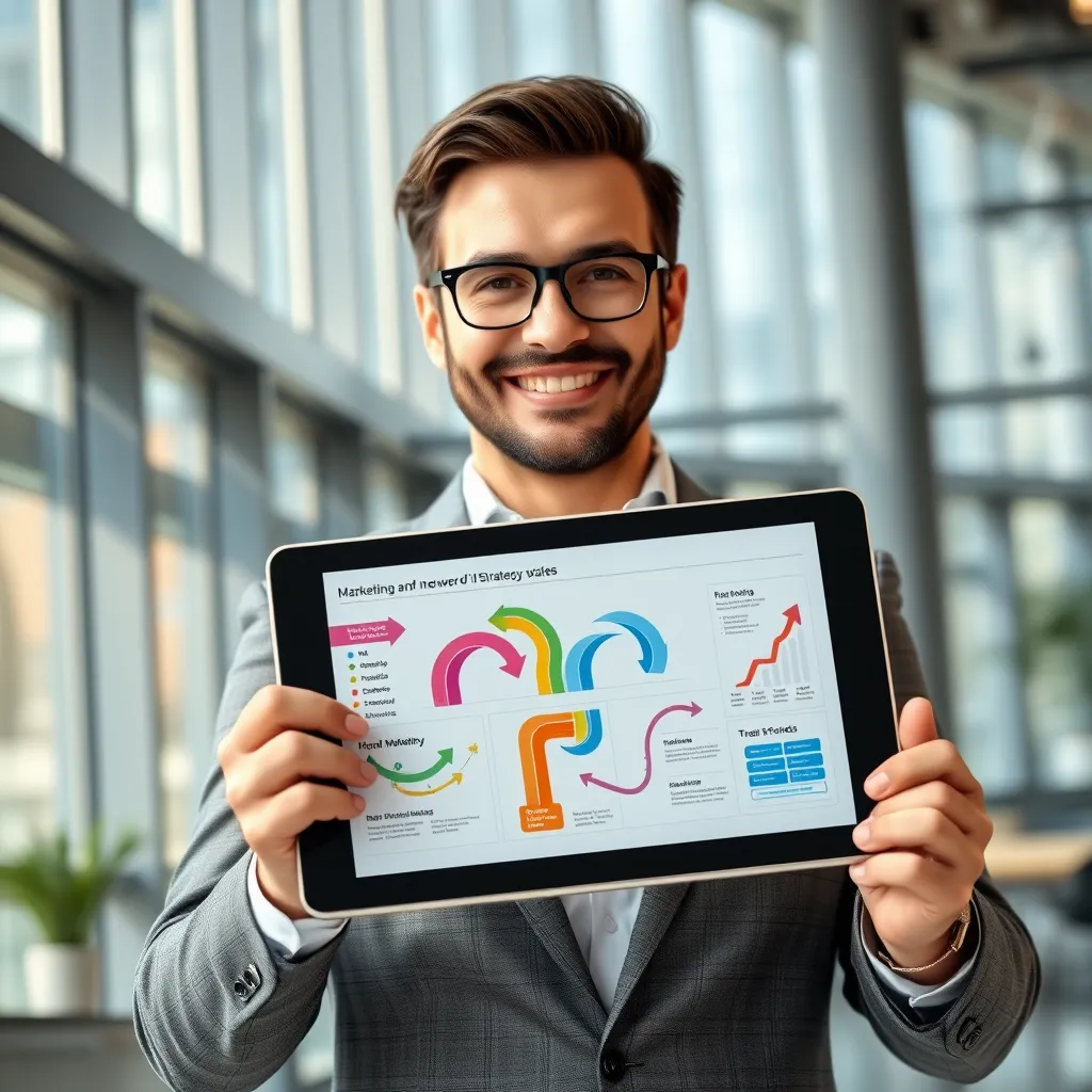 A photorealistic image of a confident businessperson holding a tablet displaying a detailed marketing flowchart with vibrant colors and arrows. The background is a modern office with natural light streaming in through large windows. The scene is dynamic and energetic, conveying the power of strategic planning. Render in 8K resolution with a focus on sharp detail and realistic textures, capturing the sleekness of the tablet and the professionalism of the office environment. The lighting should be soft and diffused, highlighting the businessperson's face and the vibrant colors of the marketing flowchart.  Capture a sense of optimism and success, reflecting the potential of strategic planning to drive growth.