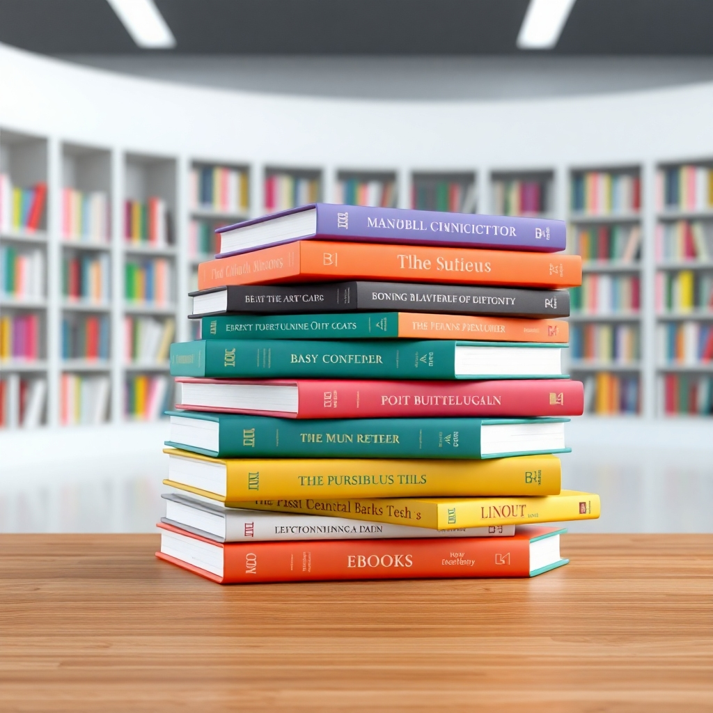A stack of colorful eBooks displayed on a digital bookshelf. The eBooks feature diverse covers and titles. The background is a modern, minimalist library. Style: 3D rendering.