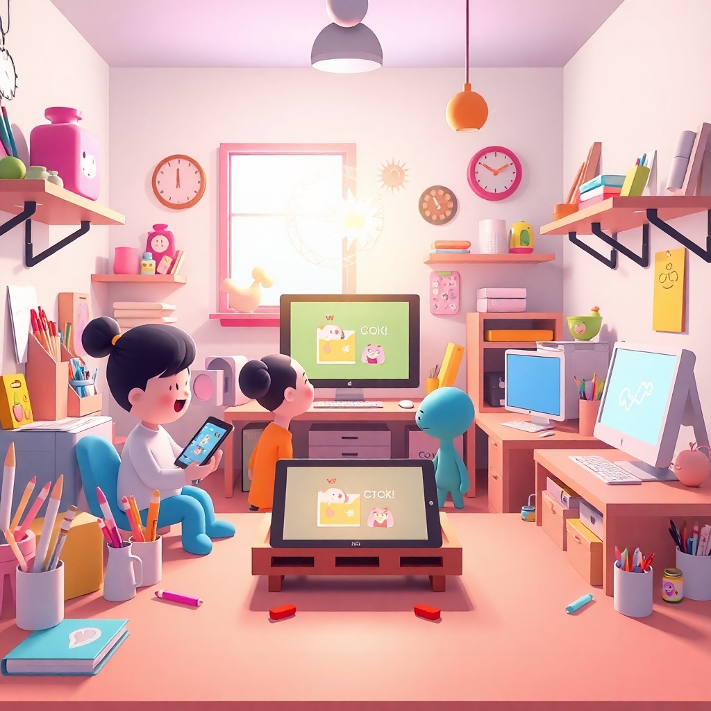 A stylized image representing the heart of FunFlips & More. The scene features a whimsical workshop filled with digital tools and creative materials. Characters are not literal representations of people but rather abstracted forms representing digital personas (avatars, icons) actively collaborating. The composition is balanced, with a central glowing screen displaying a flipbook in motion. The lighting is soft and diffused, creating a warm and inviting atmosphere. The color palette is pastel-based with pops of bright, energetic colors. Camera angle is slightly elevated, providing a full view of the workshop. Texture is smooth and clean with subtle gradients. The environment is clean and modern with a touch of playfulness. Props include digital pens, tablets, and stylized computers. Style reference: Modern vector illustration with a touch of fantasy. Technical specs: 4K resolution, high-quality rendering.
