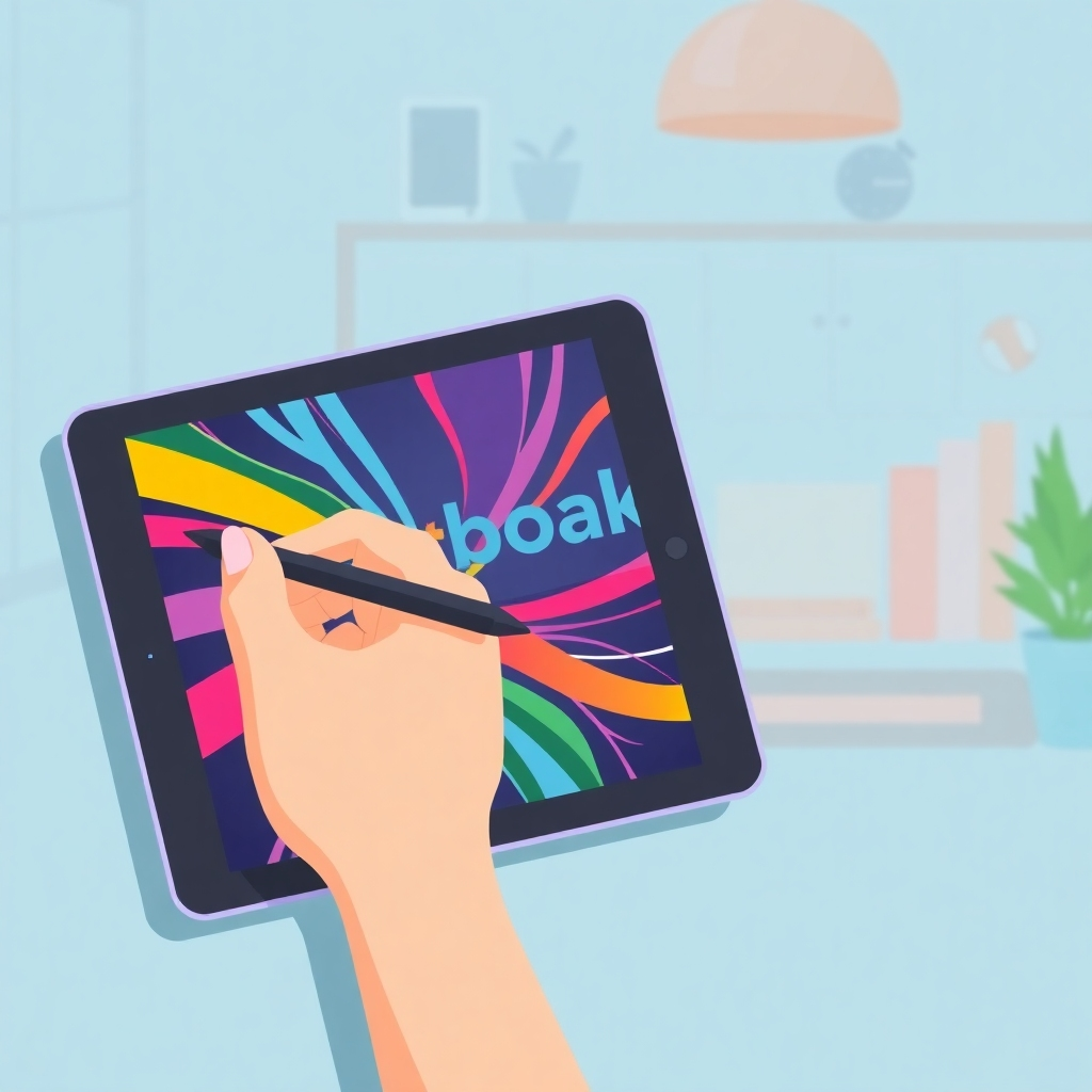 A user creating a digital flipbook on a tablet, using a stylus. The flipbook design is vibrant and dynamic. The background is a clean, modern workspace. Style: Flat design illustration.