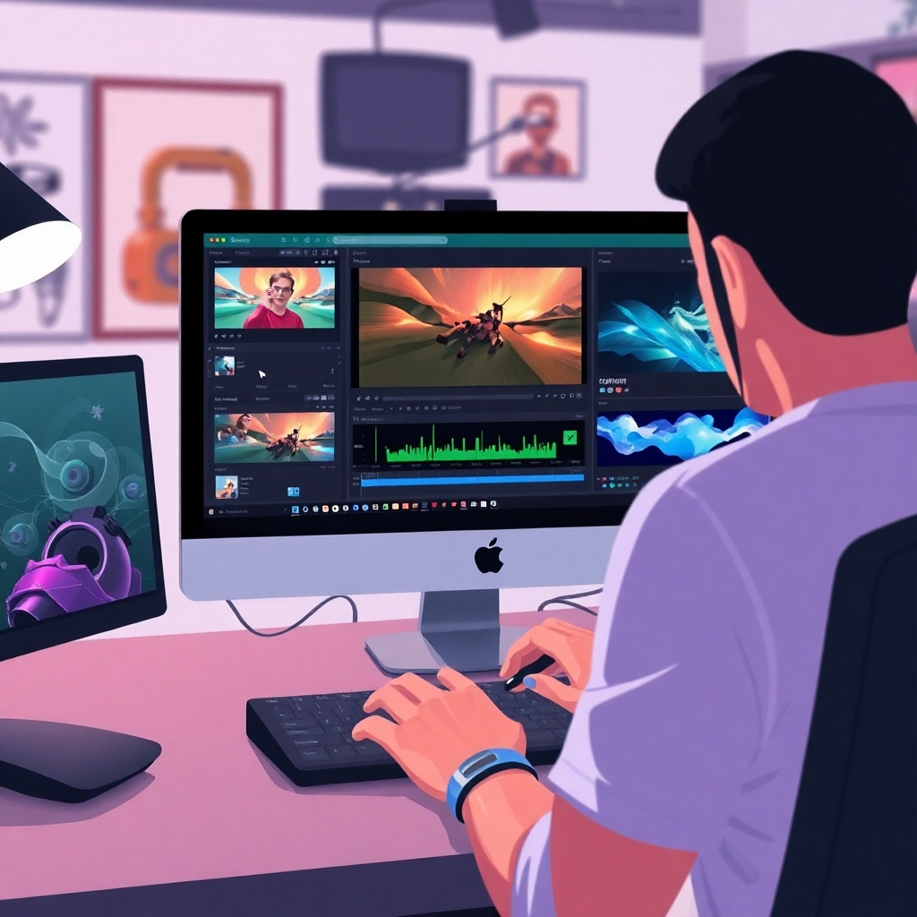 A user editing a video on a computer, with various visual effects and animations displayed on the screen. The background is a creative studio environment. Style: Abstract illustration.