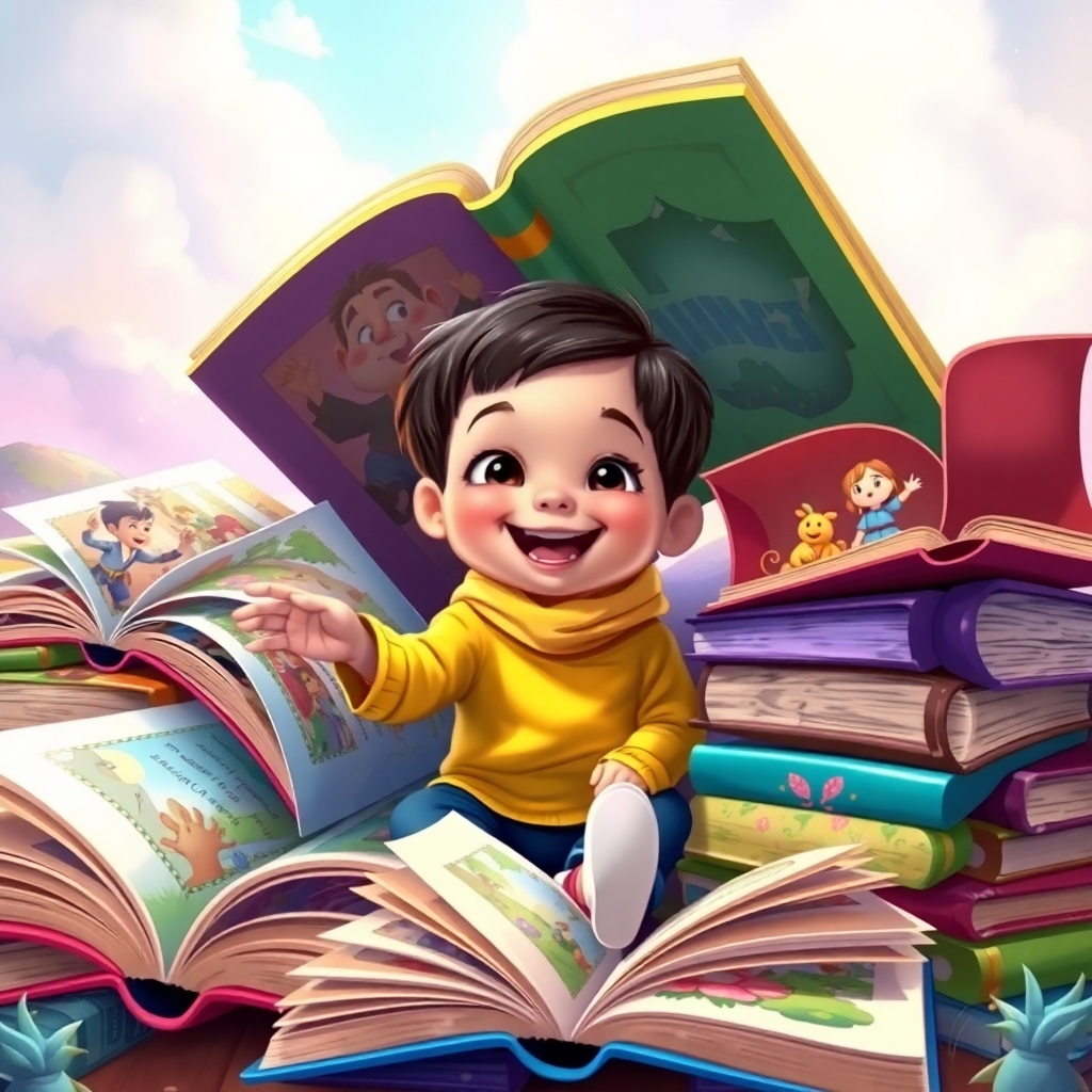 A vibrant and colorful image depicting a child sitting amidst a pile of oversized, fantastical books. The books are open, revealing animated characters and scenes. The child is smiling and reaching out to touch one of the characters. The background is a soft, dreamy landscape. Style: Children's book illustration.
