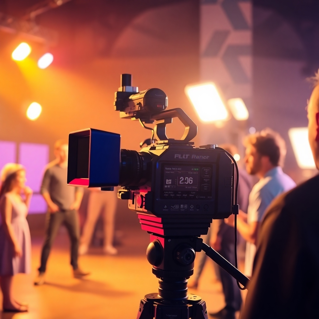 A video camera filming a scene with vibrant lighting and professional equipment. The setting includes actors and crew. Style: Photorealistic scene.
