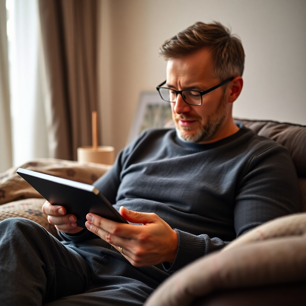 An adult engrossed in reading an eBook on a tablet, surrounded by a cozy and relaxing environment. The eBook features a sophisticated design and informative content. Style: Minimalist photography.