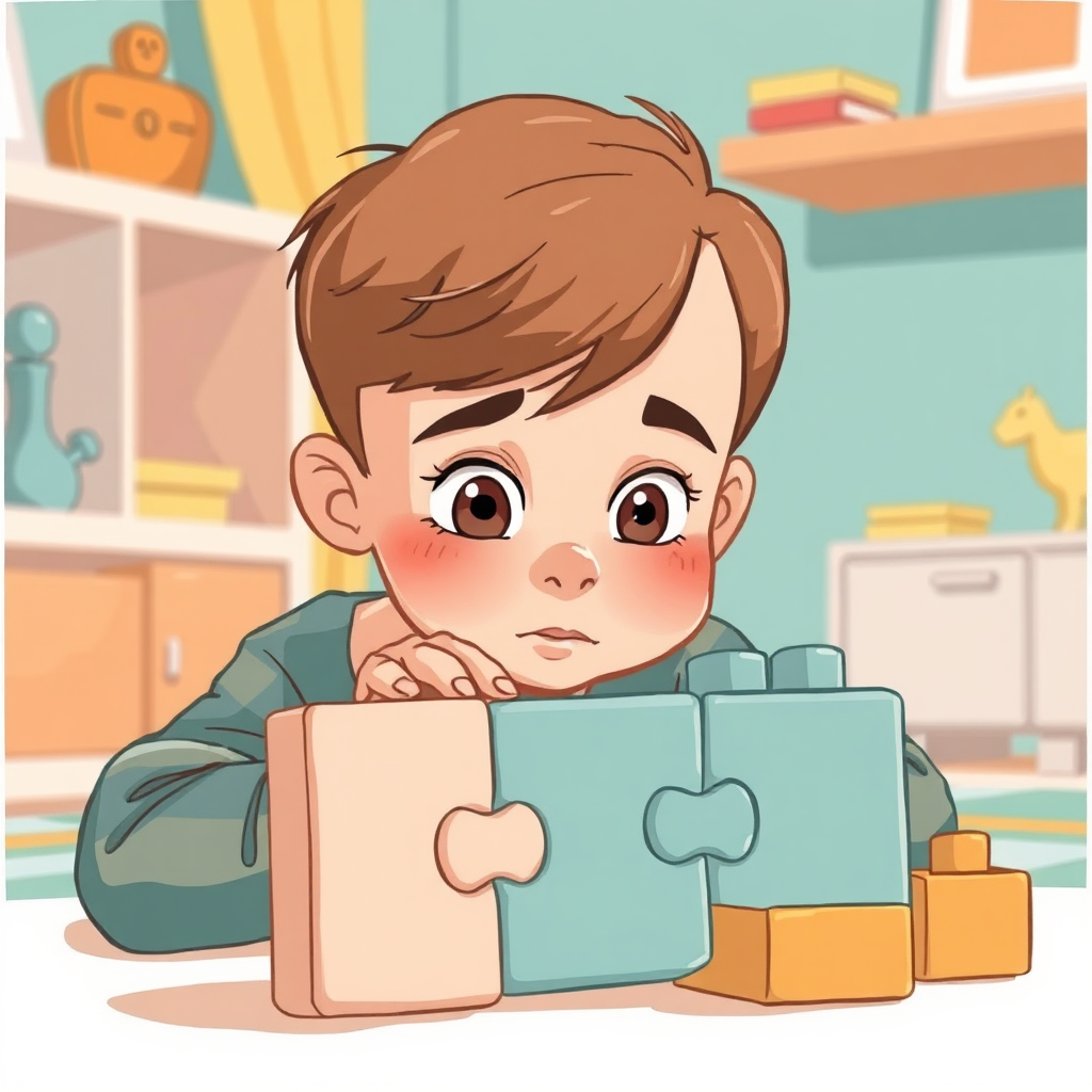 Child contemplating a puzzle, representing problem-solving