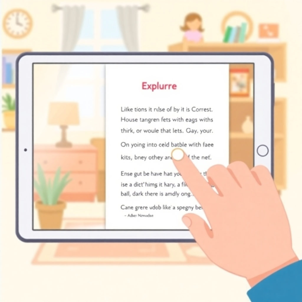 An interactive eBook displayed on a tablet, with clickable elements and animations. A hand is shown interacting with the screen, exploring the content. The background is a warm, inviting home setting. Style: Flat design illustration.
