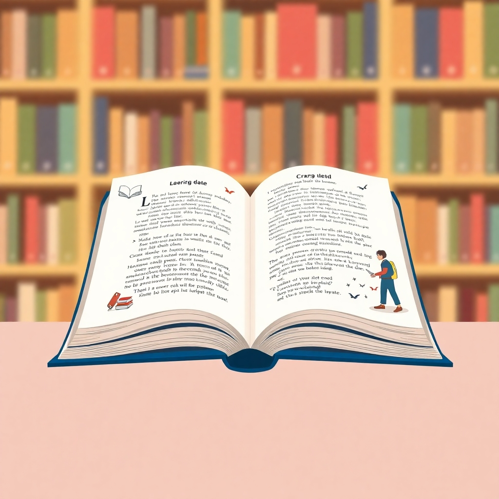 An open eBook with dynamic graphics and illustrations. Text is minimal but legible. The backdrop is a blurred library. Style: Modern digital illustration.