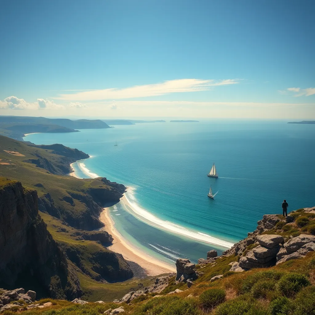A breathtaking view of Plymouth Sound, showcasing a rugged coastline with dramatic cliffs, a sandy beach stretching along the shore, and sailboats gliding across the turquoise water, capturing the beauty of the natural landscape.