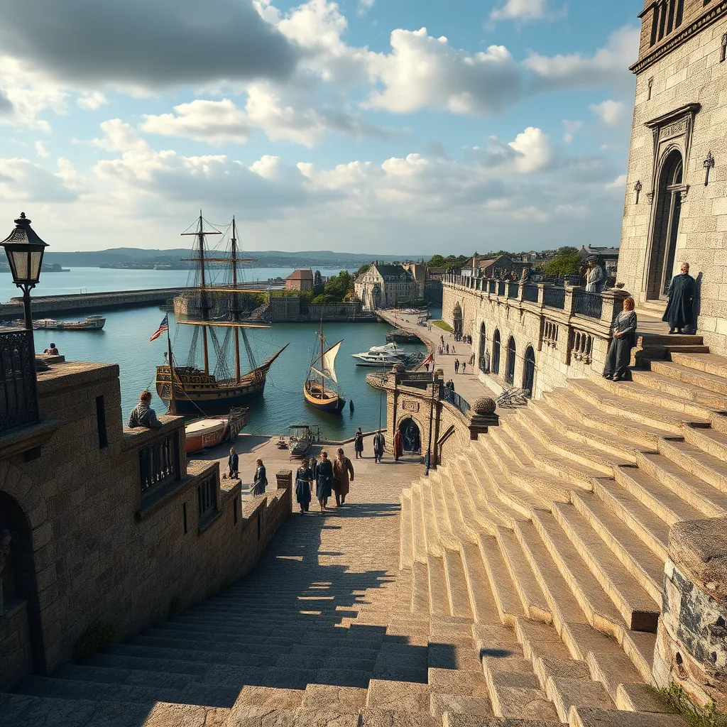 A detailed image of the Mayflower Steps in Plymouth, with the historic stone steps leading down to the harbor. The scene should be set in the early 17th century, with ships in the harbor, people in period clothing bustling around the steps, and the Plymouth Hoe in the background.