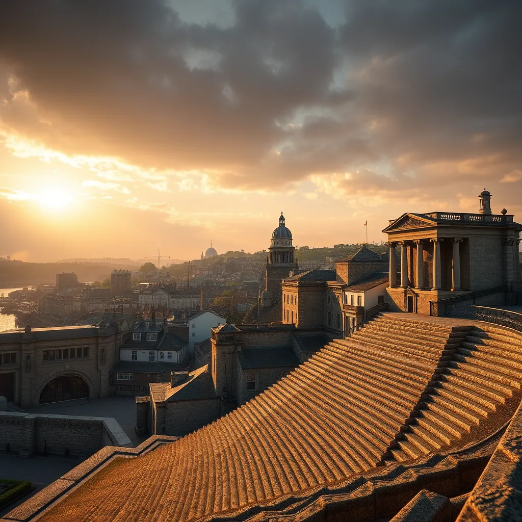 A dramatic, photorealistic image showcasing the historical landmarks of Plymouth. Compose the image with a panoramic view of the city, featuring iconic structures like Plymouth Hoe and the Mayflower Steps. The image should be bathed in the warm glow of the setting sun, casting long shadows and highlighting the architectural details of the buildings. Capture the grandeur and historical significance of the city with a sense of timeless beauty. Render in 8K resolution with ultra-detailed textures, emphasizing the weathered stonework and the intricate details of the historical monuments. Capture the subtle play of light and shadow that accentuates the historical depth of the scene. Render in the style of a classical landscape painter, evoking a sense of history and grandeur.