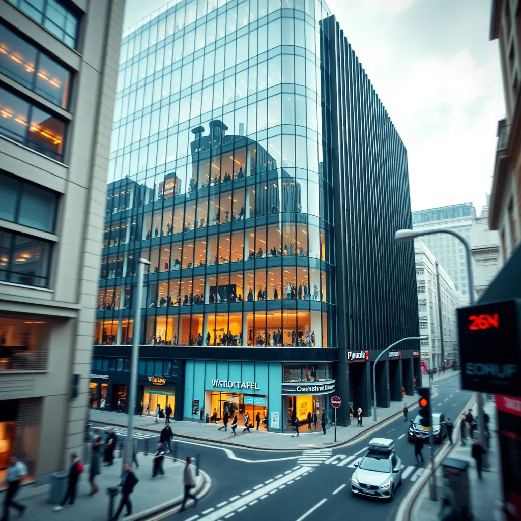 A dynamic, photorealistic image depicting the modern business environment of Plymouth. Focus on a modern office building with sleek, contemporary architecture. Capture the vibrant energy of the city with a bustling street scene below, showcasing diverse businesses and professionals. The image should exude a sense of innovation and progress, with soft, diffused lighting that highlights the architectural details of the building. Render in 8K resolution with hyperrealistic detail, emphasizing the smooth surfaces of glass and steel and the intricate details of the building's design. Capture the dynamic movement of people and vehicles, creating a sense of momentum and growth. Render in the style of a contemporary commercial photographer, highlighting the city's entrepreneurial spirit and economic strength.