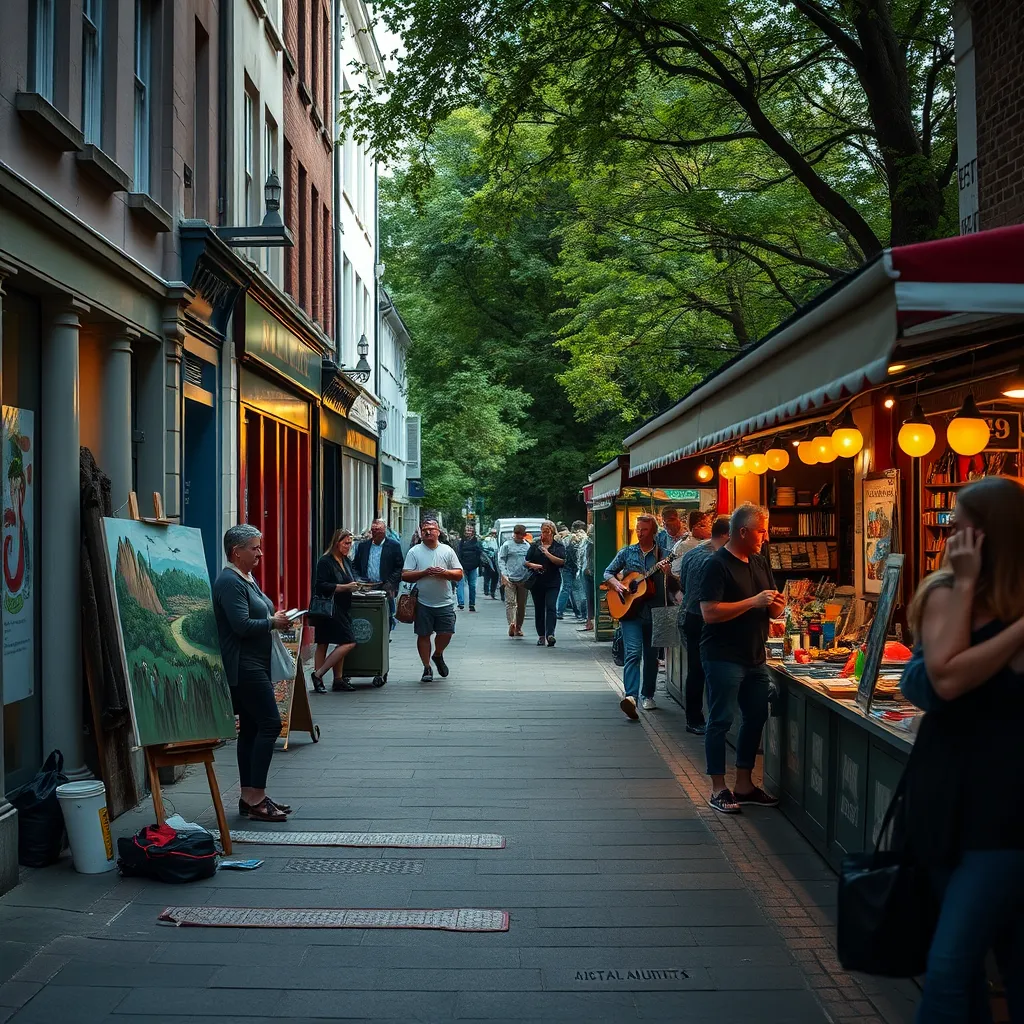 A lively street scene in Plymouth, featuring a street artist painting on a canvas, a musician playing in a park, and people browsing the stalls at a bustling market, emphasizing the city's cultural vibrancy.