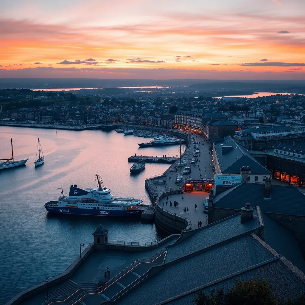 A panoramic view of Plymouth harbor at sunset, with the Mayflower Steps and the Barbican in the foreground, showcasing the historic architecture and the bustling waterfront.