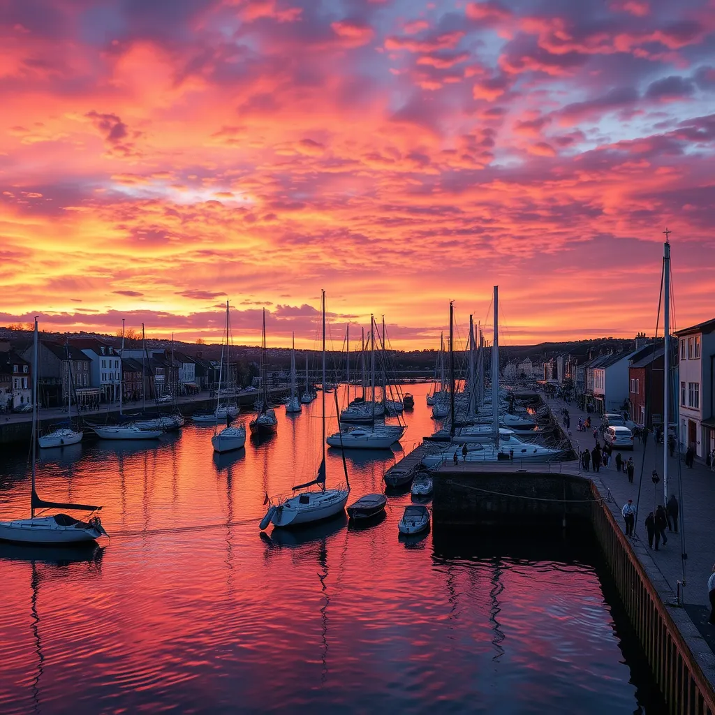 A panoramic view of Plymouth's waterfront at sunset, with sailboats in the harbor, colorful buildings lining the docks, and people strolling along the promenade. The sky should be a vibrant mix of orange, pink, and purple hues, with reflections shimmering in the water.