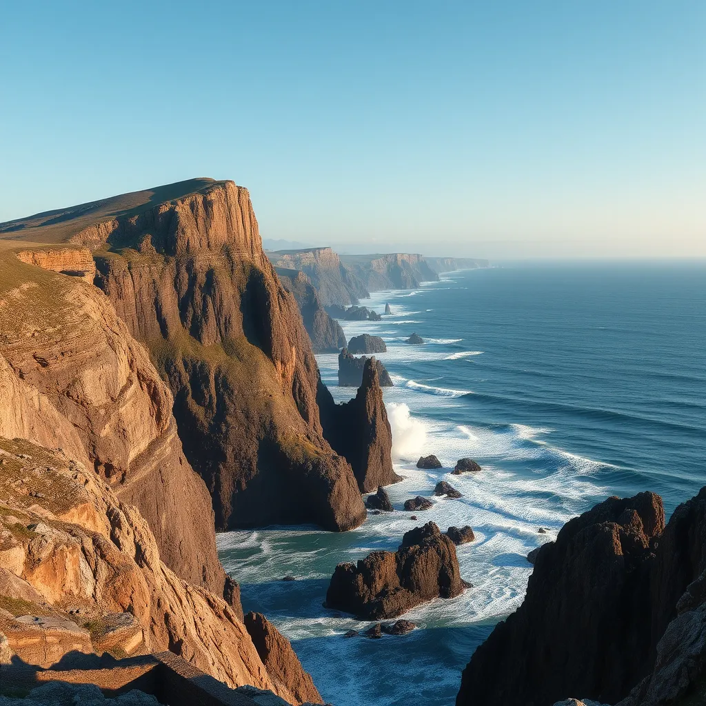A photorealistic image of a dramatic and rugged coastline in Plymouth, showcasing towering cliffs, crashing waves, and a panoramic view of the coastline. The image should capture the beauty and power of nature with clear, vibrant colors and dramatic lighting.