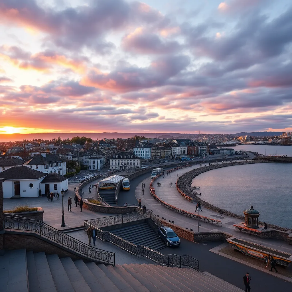 A photorealistic image of Plymouth Hoe, a bustling waterfront with the Mayflower Steps in the foreground, showcasing the historic Plymouth Sound and a dramatic sunset in the background. The image should capture the vibrant atmosphere of a popular tourist destination with people strolling along the waterfront and enjoying the views.