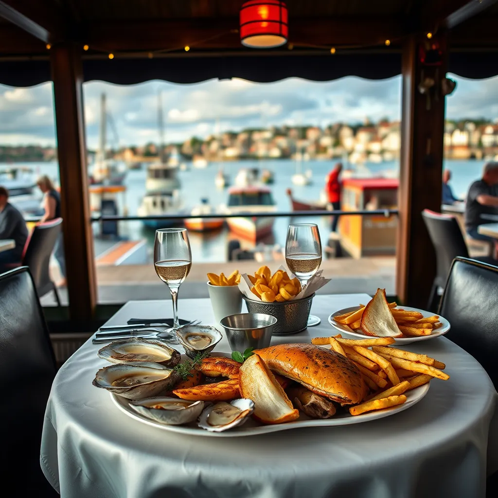 A table set for two at a cozy restaurant in Plymouth, overlooking the harbor. The table is laden with a delicious spread of local seafood, including fresh oysters, grilled fish, and chips. In the background, the harbor is bustling with activity, with boats, people, and the city skyline visible.
