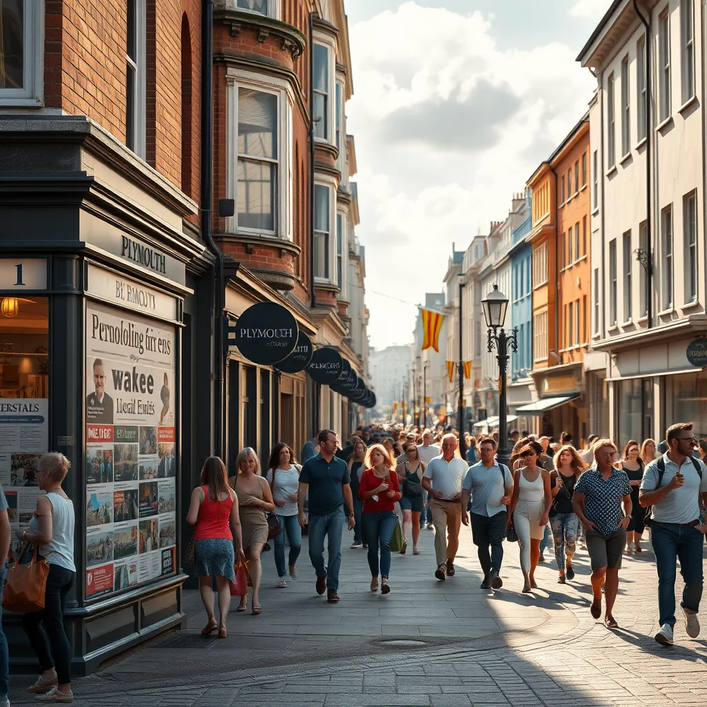 A vibrant, photorealistic image of a bustling Plymouth street scene. Focus on a street corner with a newsstand displaying headlines about local events. Include a diverse crowd of people walking, talking, and enjoying the day. Capture the warm, inviting atmosphere of a sunny afternoon with soft, natural lighting. The image should evoke a sense of community and energy. Render in 8K resolution with hyperrealistic detail, emphasizing the textures of the street, buildings, and people's clothing. Capture the subtle movement of the crowd and the reflections of sunlight on windows. Render in the style of a contemporary photojournalist, capturing the essence of daily life in Plymouth.