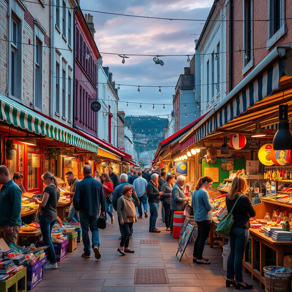 A vibrant and colorful photorealistic image of a bustling outdoor market in Plymouth, showcasing a variety of stalls selling local crafts, food, and other goods. The image should capture the lively atmosphere of the market with people browsing, interacting with vendors, and enjoying the festivities.
