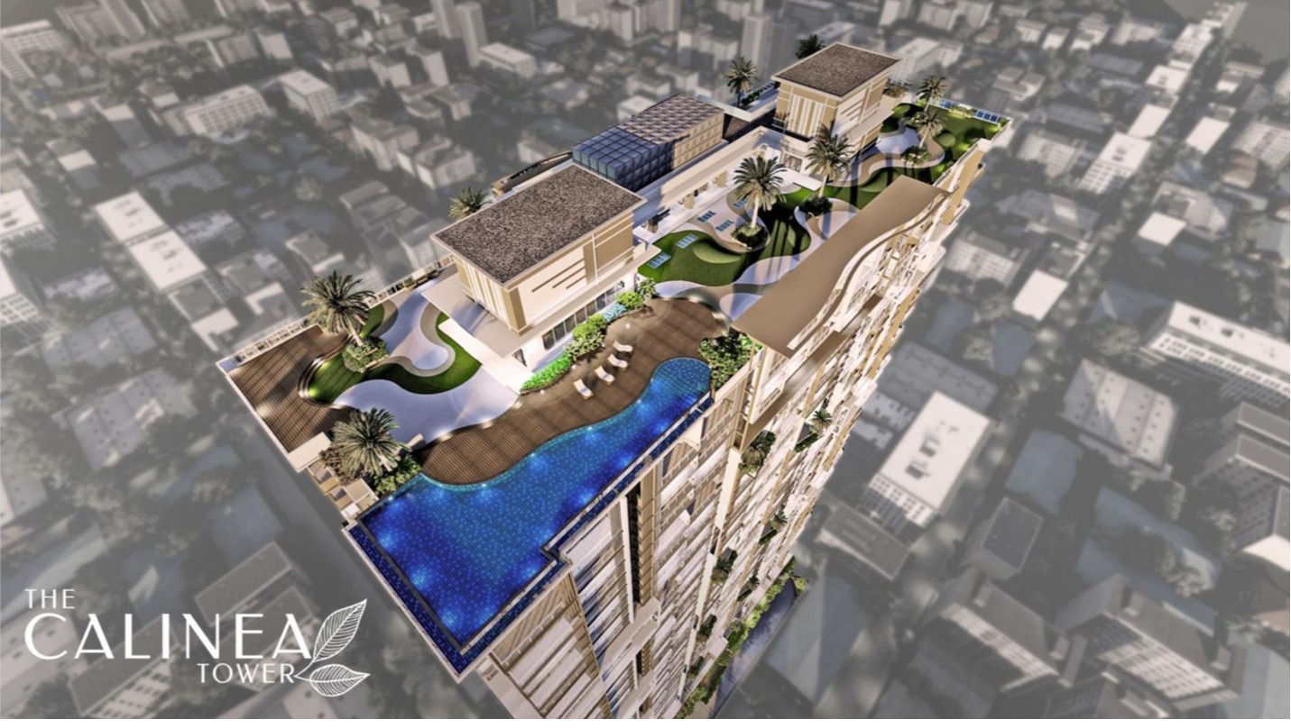 Create a hyperrealistic rendering of the Calinea Tower's infinity pool at sunset. Capture the warm golden light reflecting off the water, creating a sense of tranquility and luxury. Frame the shot to include a glimpse of the city skyline in the background. Feature subtle details like comfortable lounge chairs, lush greenery, and elegant poolside lighting. The overall mood should be relaxing and aspirational, showcasing the resort-style amenities of the Calinea Tower. 4K resolution.