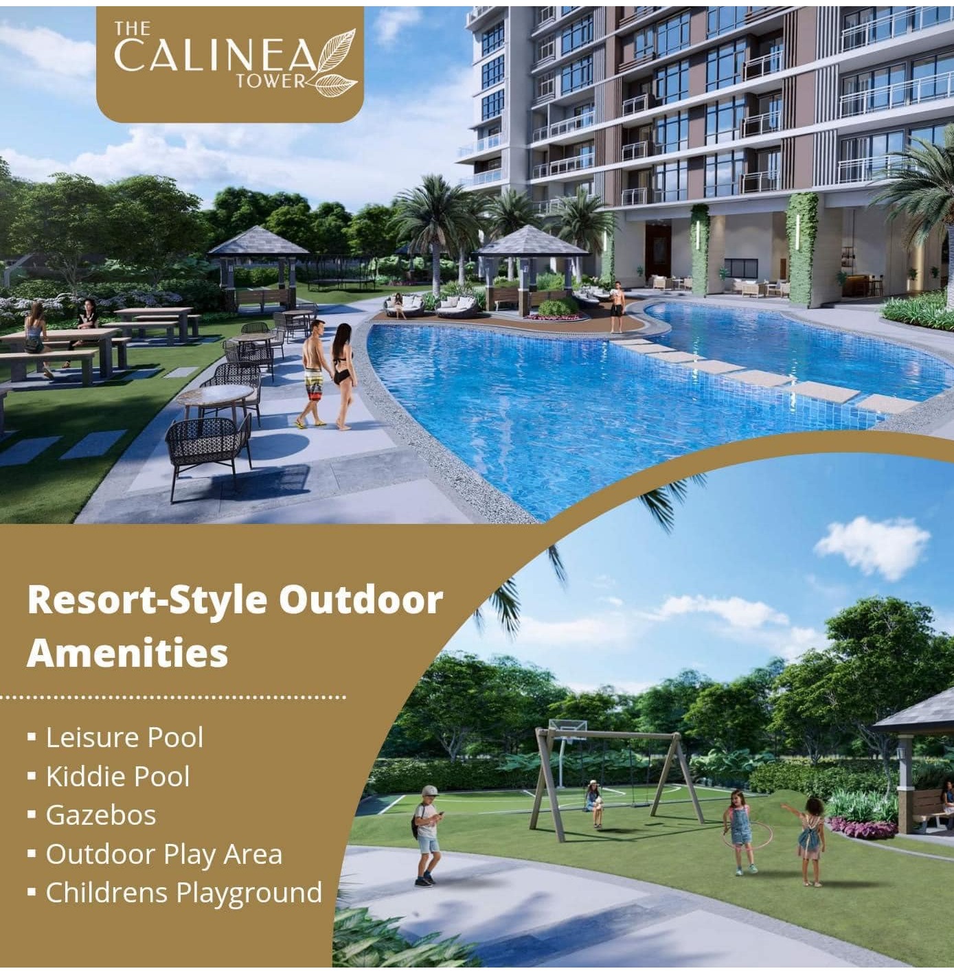Create a photorealistic image of the Calinea Tower's infinity pool area. Feature crystal-clear water, comfortable lounge chairs, lush landscaping, and a panoramic city view. Capture the warm sunlight and the relaxing atmosphere. 4K Resolution.