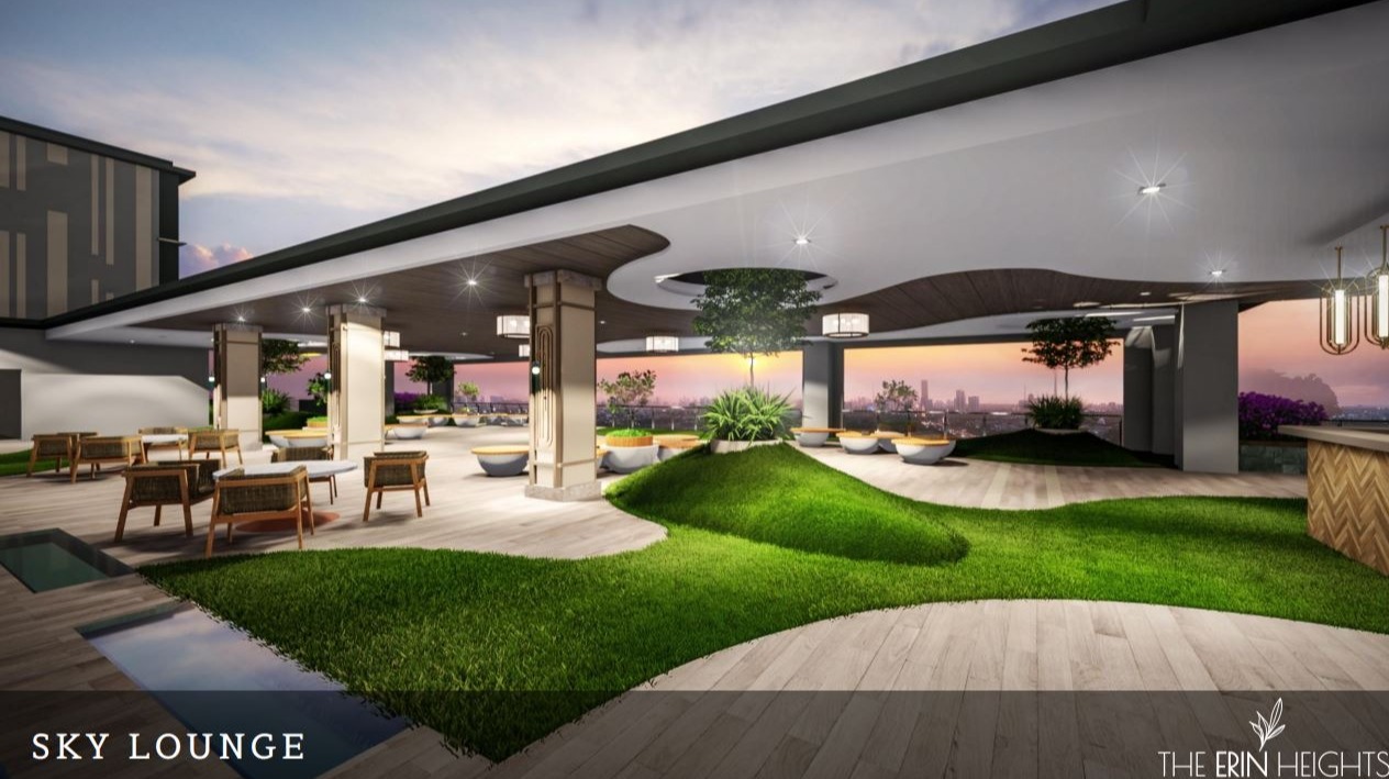 Capture a serene scene in the amenity area of The Erin Heights. The focus is on the swimming pool, surrounded by lush greenery, lounge chairs, and cabanas. The water is crystal clear, reflecting the sky and the surrounding landscape. The lighting should be soft and warm, creating a relaxing and inviting atmosphere. The image should convey a sense of tranquility, escape, and resort-style living. Include subtle details such as palm trees, tropical flowers, and gentle water ripples to enhance the realism. 8k resolution, hyperrealistic rendering.