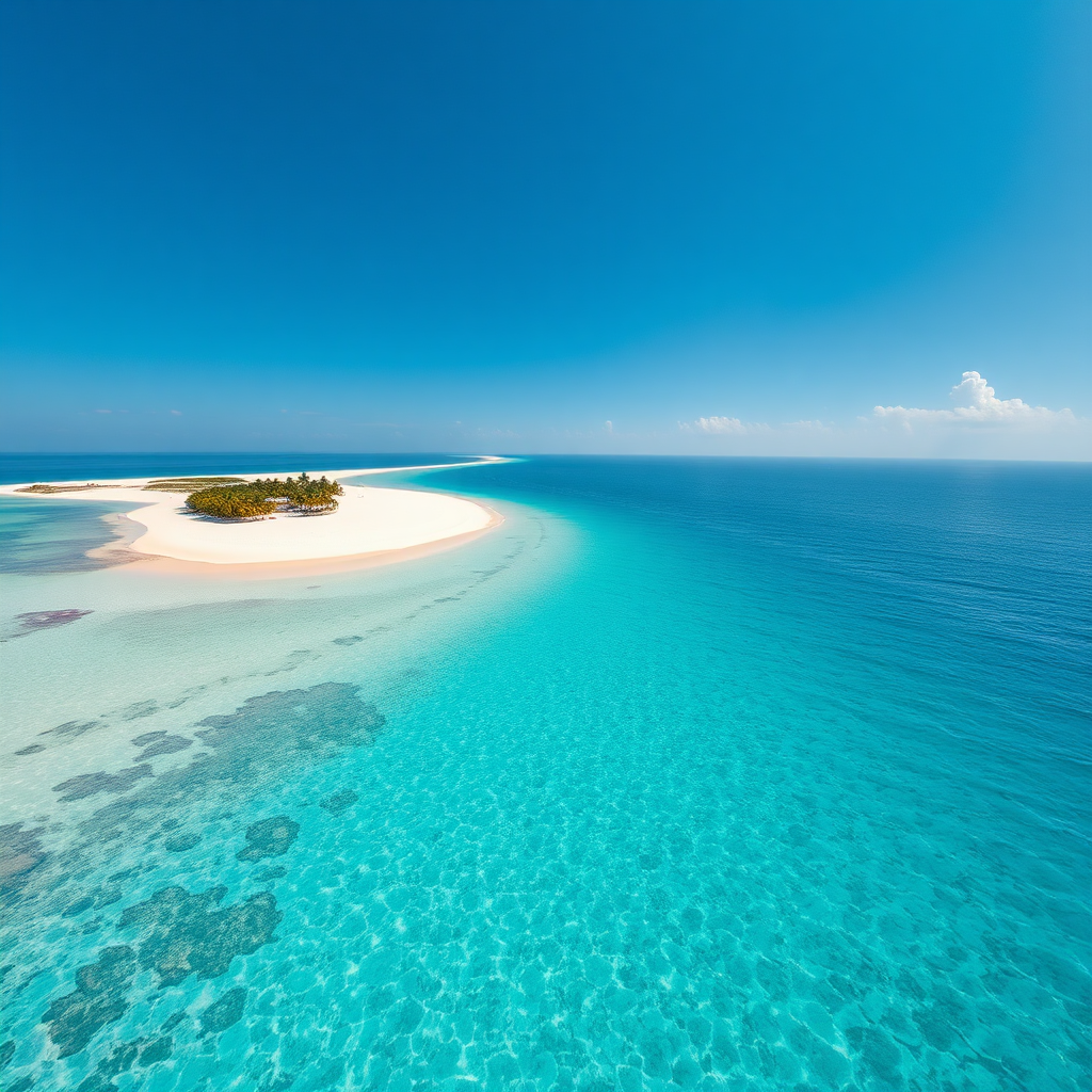 A photorealistic aerial view of a pristine beach with crystal-clear turquoise water. The sand is white and powdery, and there are a few palm trees scattered along the shoreline. The sky is a clear blue with a few fluffy clouds. 4k resolution, vibrant colors, high detail.