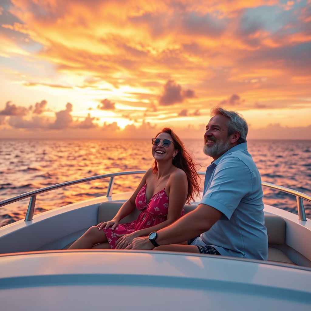 A photorealistic image of a couple enjoying a sunset cruise on a luxury yacht. The sky is ablaze with vibrant colors, and the ocean is calm and serene. The couple is smiling and laughing, creating a sense of joy and excitement. 4k resolution, vibrant colors, high detail.