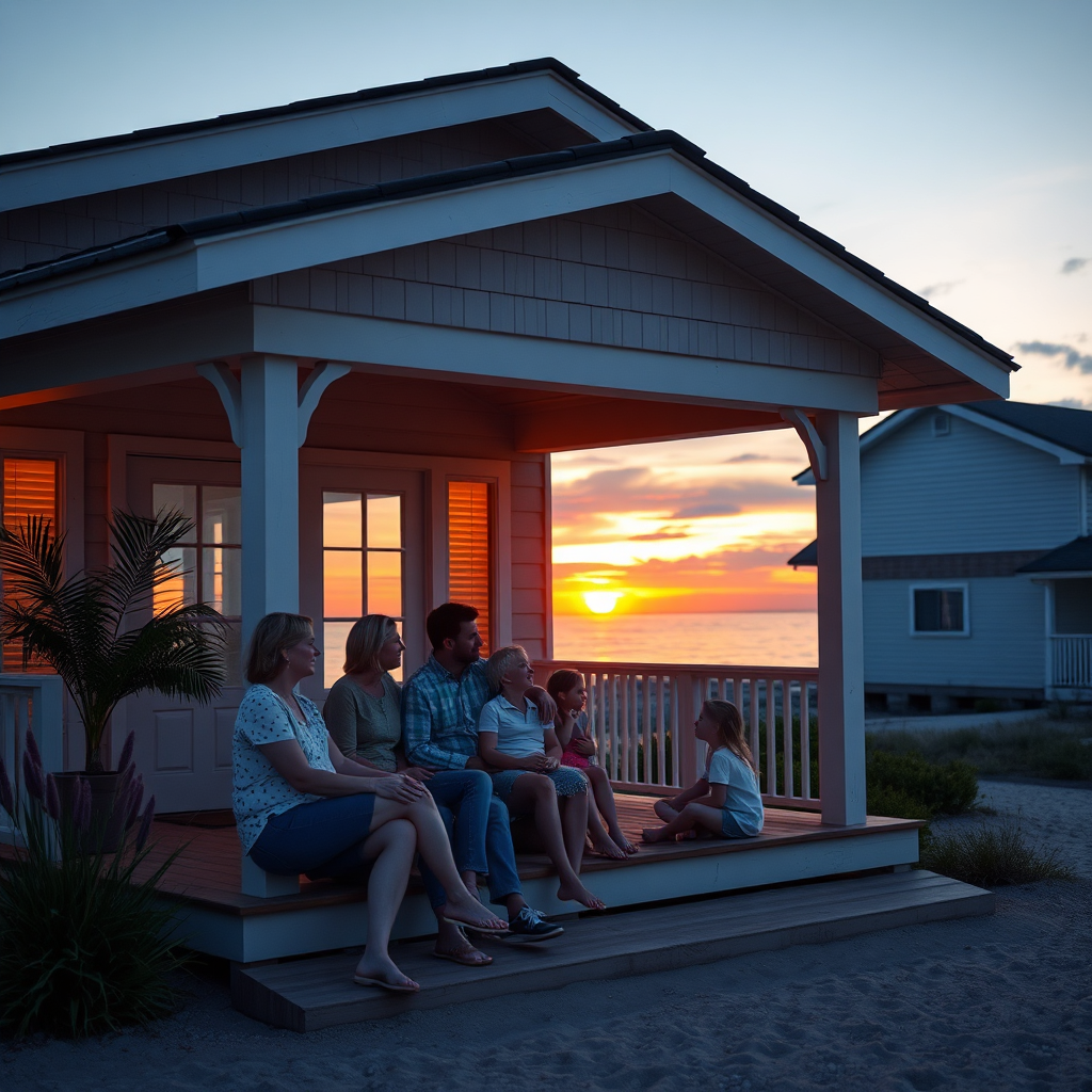 A photorealistic image of a family sitting on the porch of their beachfront home, watching the sunset. The home is well-maintained and secure, and the family is enjoying quality time together. The atmosphere is peaceful and relaxing. 4k resolution, warm colors, high detail.