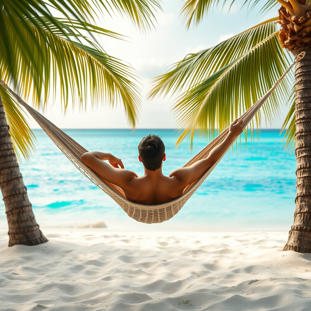 A photorealistic image of a person relaxing in a hammock strung between two palm trees on a white sand beach. The turquoise ocean is visible in the background. The lighting is soft and warm, creating a sense of peace and tranquility. Focus on the texture of the hammock and the leaves of the palm trees. 4K resolution, vibrant colors.