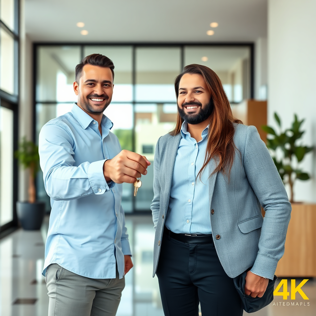 A photorealistic image of a property manager handing keys to a satisfied tenant. The setting is a modern lobby of a Solmera Coast apartment building. The image should convey professionalism and trust. 4k resolution.