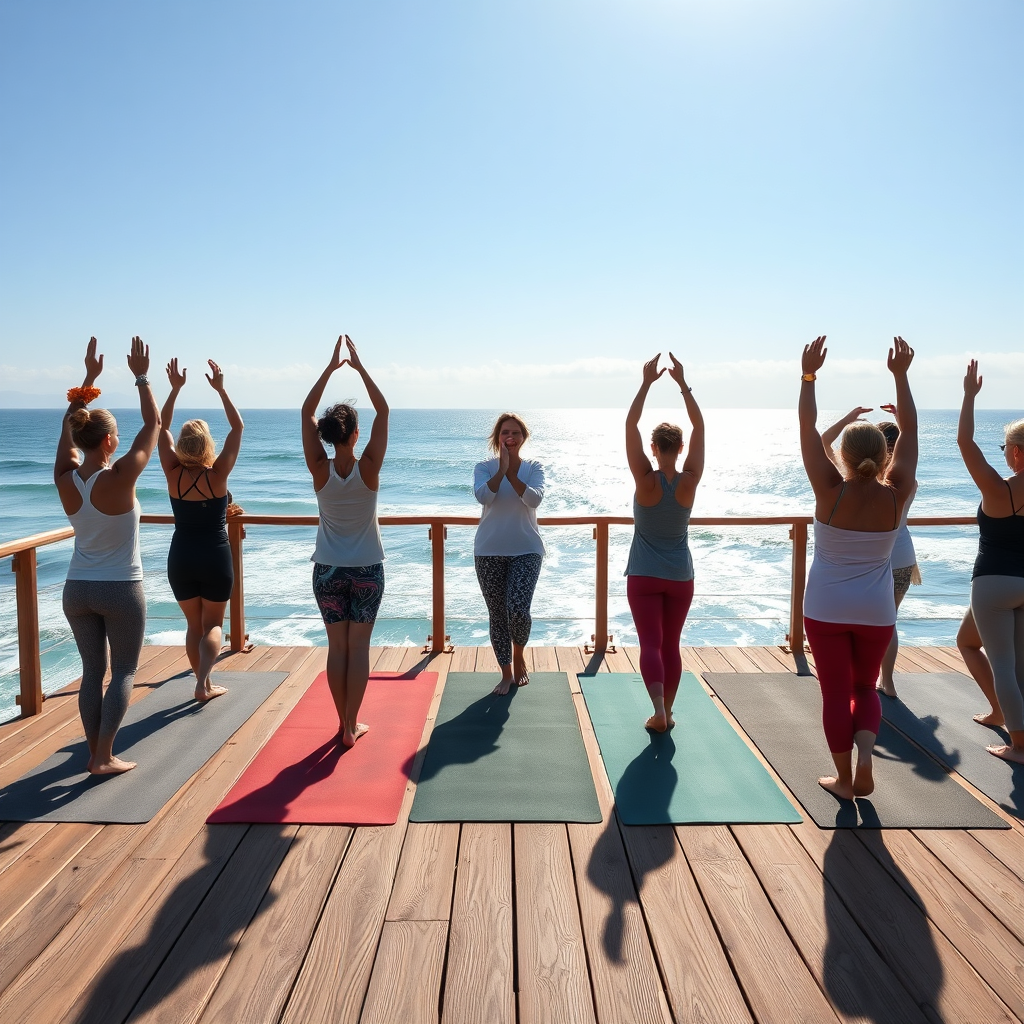 A photorealistic image of a yoga class taking place on a wooden deck overlooking the ocean. The participants are all smiling and relaxed, and the instructor is guiding them through the poses. The sun is shining, and the atmosphere is peaceful and serene. 4k resolution, vibrant colors, high detail.