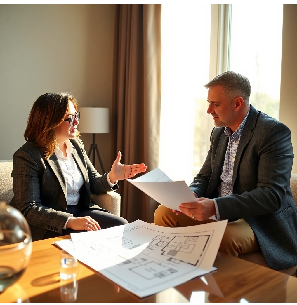 A professional real estate consultant sits across from a potential buyer, reviewing floor plans of The Erin Heights. Sunlight streams through a nearby window, illuminating the scene. The consultant is gesturing towards a specific feature on the plan, explaining its benefits. The atmosphere is friendly and informative. Focus on conveying trust and expertise. 8k resolution, photorealistic.