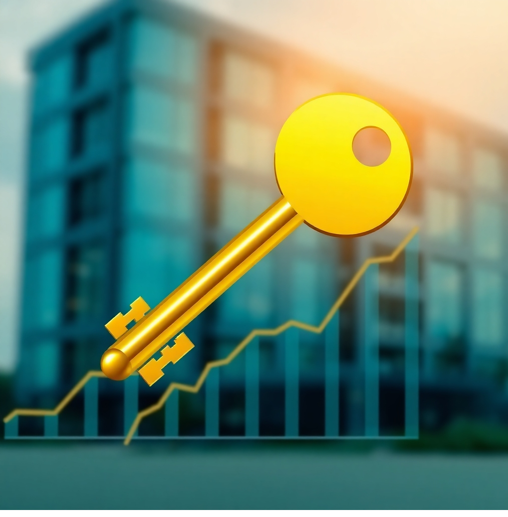 A stylized image of a golden key superimposed over a financial chart showing upward growth. The background features a blurred image of The Erin Heights. The overall tone is optimistic and encouraging, highlighting the financial benefits of investing in the property. Use a color palette of golds, blues, and greens. 8k resolution.