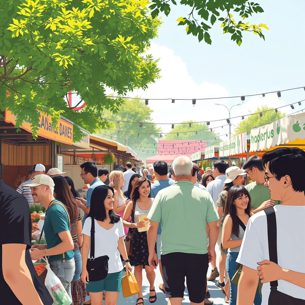 A stylized image of people gathering at an outdoor market on a sunny day. The market is filled with local vendors selling fresh produce, crafts, and other goods. The atmosphere is lively and festive, and the people are all smiling and interacting with each other. Bright and modern. 4k resolution.
