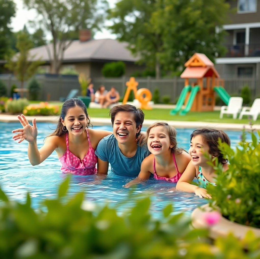 Capture a group of families enjoying the amenities at The Erin Heights, such as the swimming pool, playground, and garden. The scene should be filled with laughter, smiles, and positive energy. The image should convey a sense of community, happiness, and quality living. Use a natural color palette and soft lighting to create a warm and inviting atmosphere. 8k resolution, hyperrealistic details.