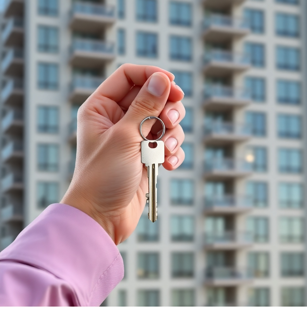Capture a hand holding a key to a unit at The Erin Heights, with the building in the background. The hand should be well-manicured and holding the key with confidence. The key should be shiny and new, symbolizing ownership and investment. The building in the background should be slightly blurred to draw focus to the key. The image should convey a sense of opportunity, security, and investment. 8k resolution, hyperrealistic details.