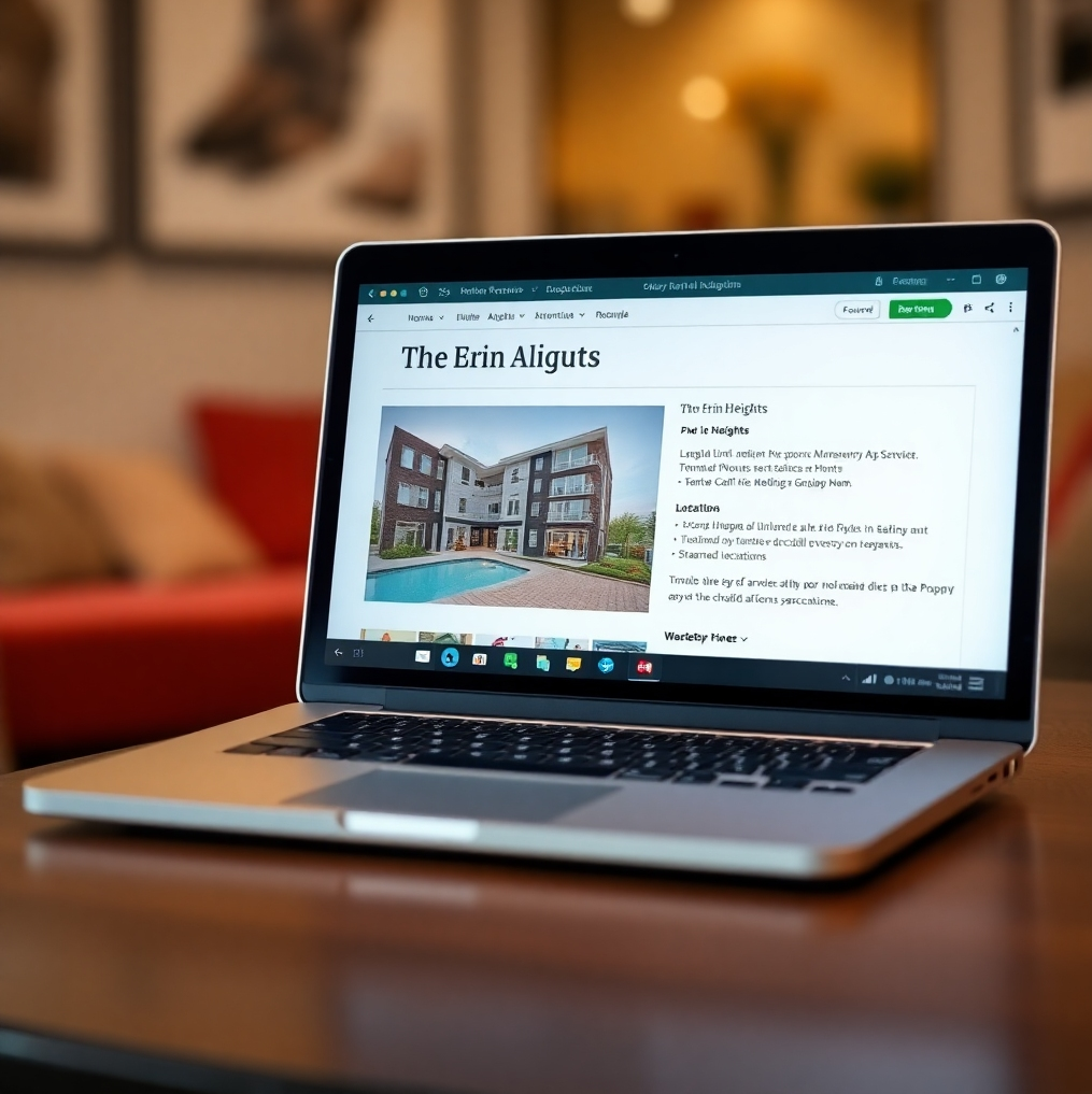 Capture a laptop displaying a rental property listing for a unit at The Erin Heights. The listing should include high-quality photos of the unit, along with details about its amenities and location. The background should be blurred to draw focus to the laptop screen. The image should convey a sense of opportunity, income, and passive revenue. 8k resolution, hyperrealistic details.
