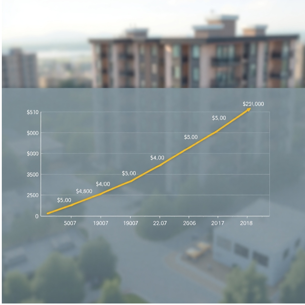 Create a graph showing the projected property value appreciation of units at The Erin Heights. The graph should show a steady increase in value over time, with clear labels and data points. Use a clean and professional design style to convey a sense of reliability and accuracy. The image should convey a sense of opportunity, growth, and financial security. 8k resolution, hyperrealistic details.