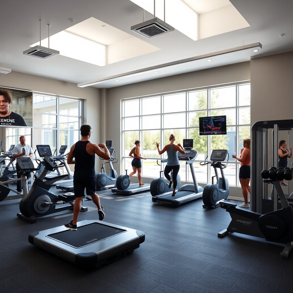 Create a photorealistic image of the fitness center at Mulberry Place Phase 2. Showcase the modern equipment, the spacious layout, and the natural light streaming through large windows. Include people working out in a motivating and energetic setting. Style: modern fitness photography.