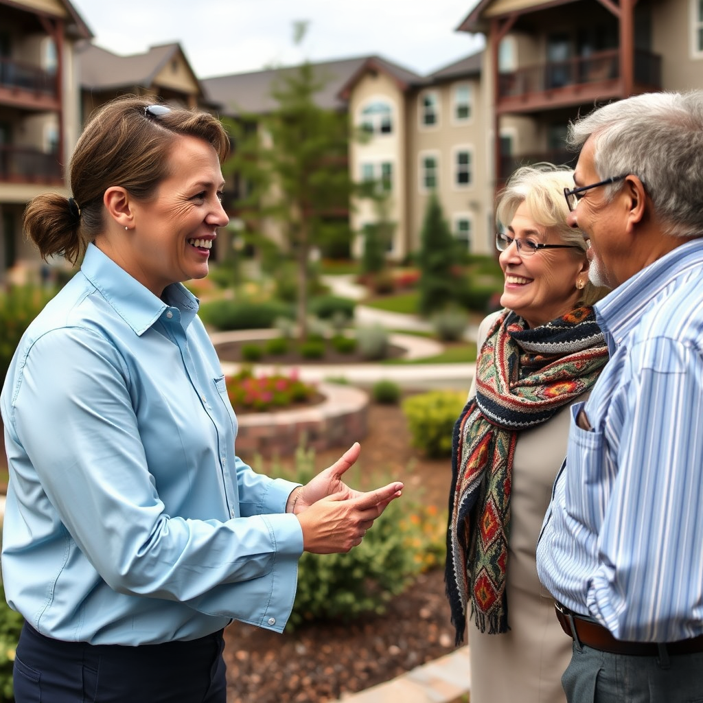 Create an image showing a property manager at Mulberry Place Phase 2 interacting with a resident in a friendly and professional manner. The scene should evoke trust and reliability. The background should feature the residential buildings and landscaped gardens. Style: professional corporate photography.