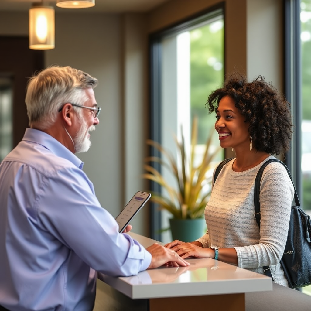 Depict a resident using the concierge service at Mulberry Place Phase 2. The concierge should be helpful and attentive, providing assistance with a smile. The scene should convey convenience and personalized service. Style: customer service photography.