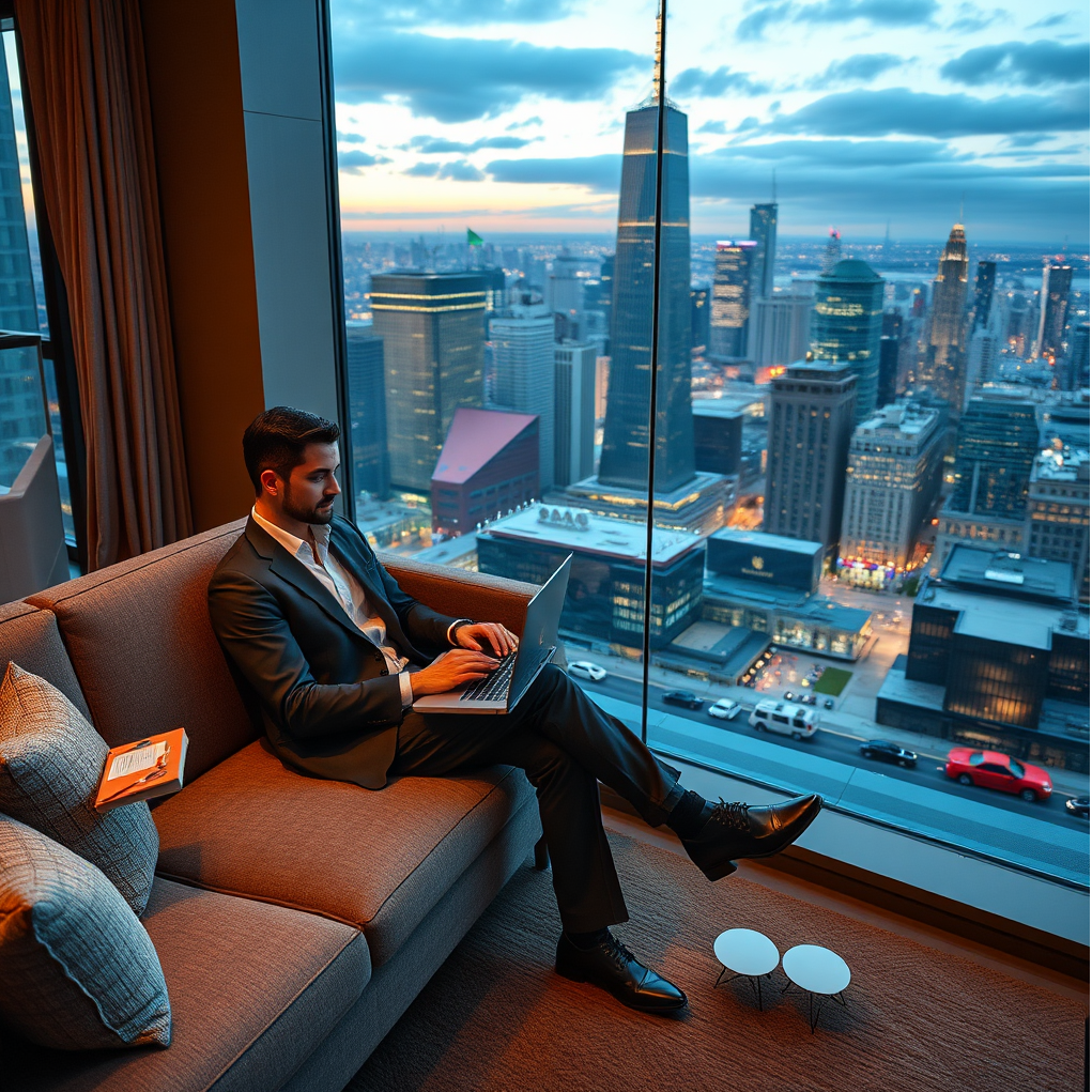 Depict a stylish professional working remotely from a comfortable lounge area within the Calinea Tower, with the city skyline visible in the background. Juxtapose this with imagery of vibrant entertainment options like restaurants, theaters, or shopping centers nearby. The image should convey the convenience and flexibility of living in a location that seamlessly blends work and play. Resolution: 4K.