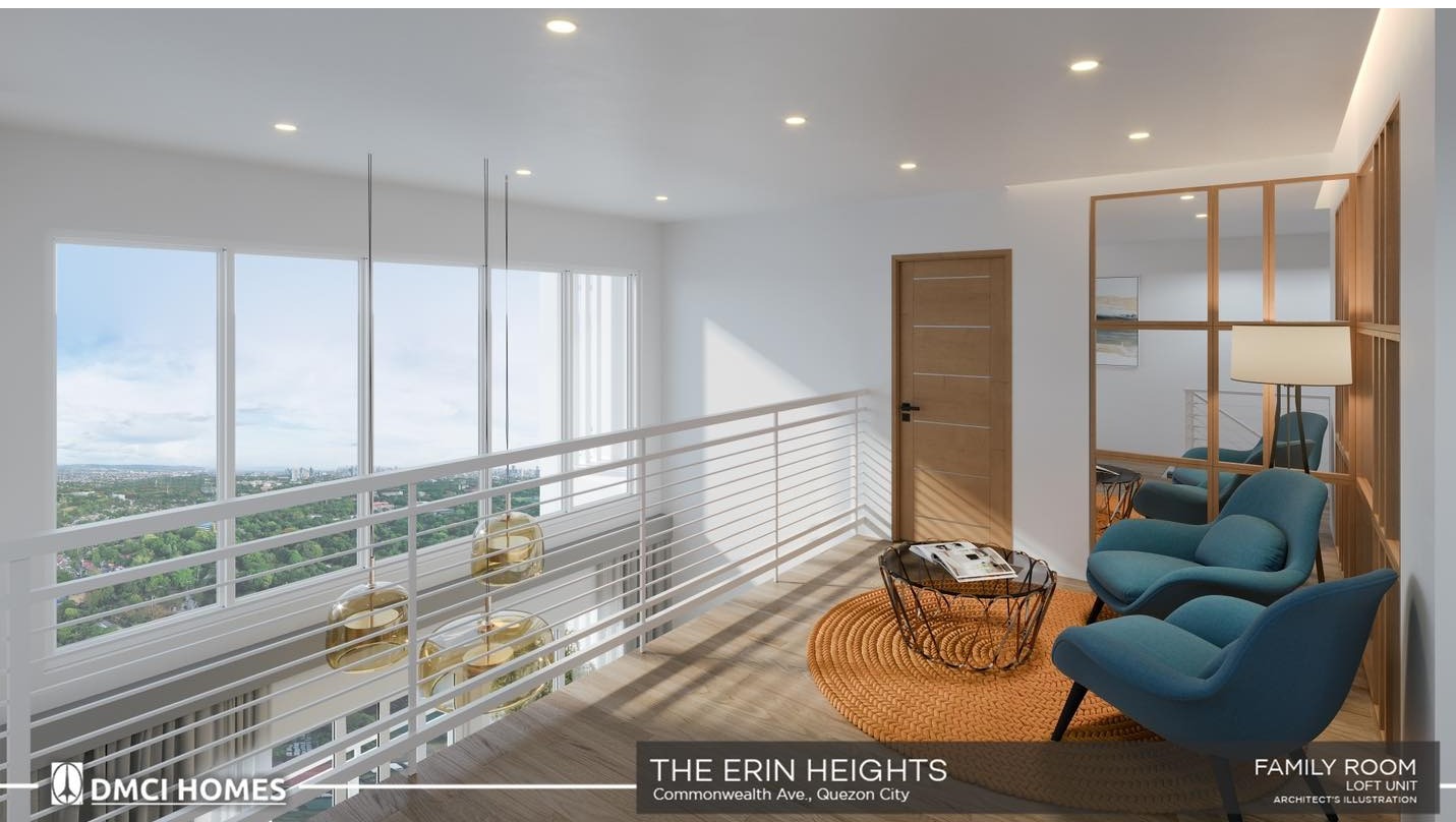 Capture a wide shot of a living room in a model unit at The Erin Heights. The room should be spacious and well-lit, with modern furniture and elegant decor. Large windows should offer views of the Quezon City skyline. The image should convey a sense of comfort, luxury, and spacious living. Use a warm and inviting color palette to create a welcoming atmosphere. 8k resolution, hyperrealistic rendering.