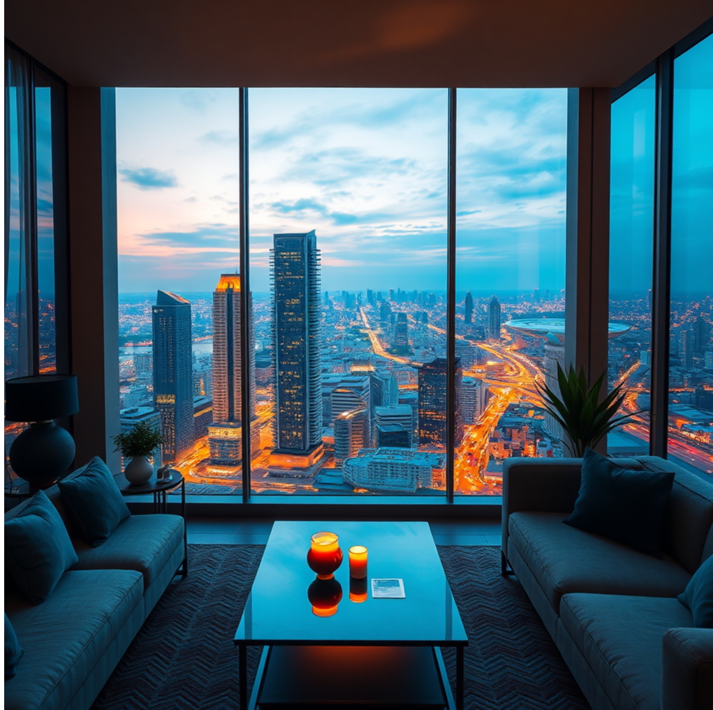 Imagine a photorealistic shot from inside a Calinea Tower condo, looking out at a vibrant cityscape at twilight. Focus on capturing the warm glow of city lights reflecting in the condo's floor-to-ceiling windows. Include subtle hints of high-end interior design elements, like modern furniture and tasteful decor. The atmosphere should be both peaceful and invigorating, suggesting a perfect balance between urban excitement and personal comfort. Capture the essence of upscale city living with resort-style comfort. 4K resolution.