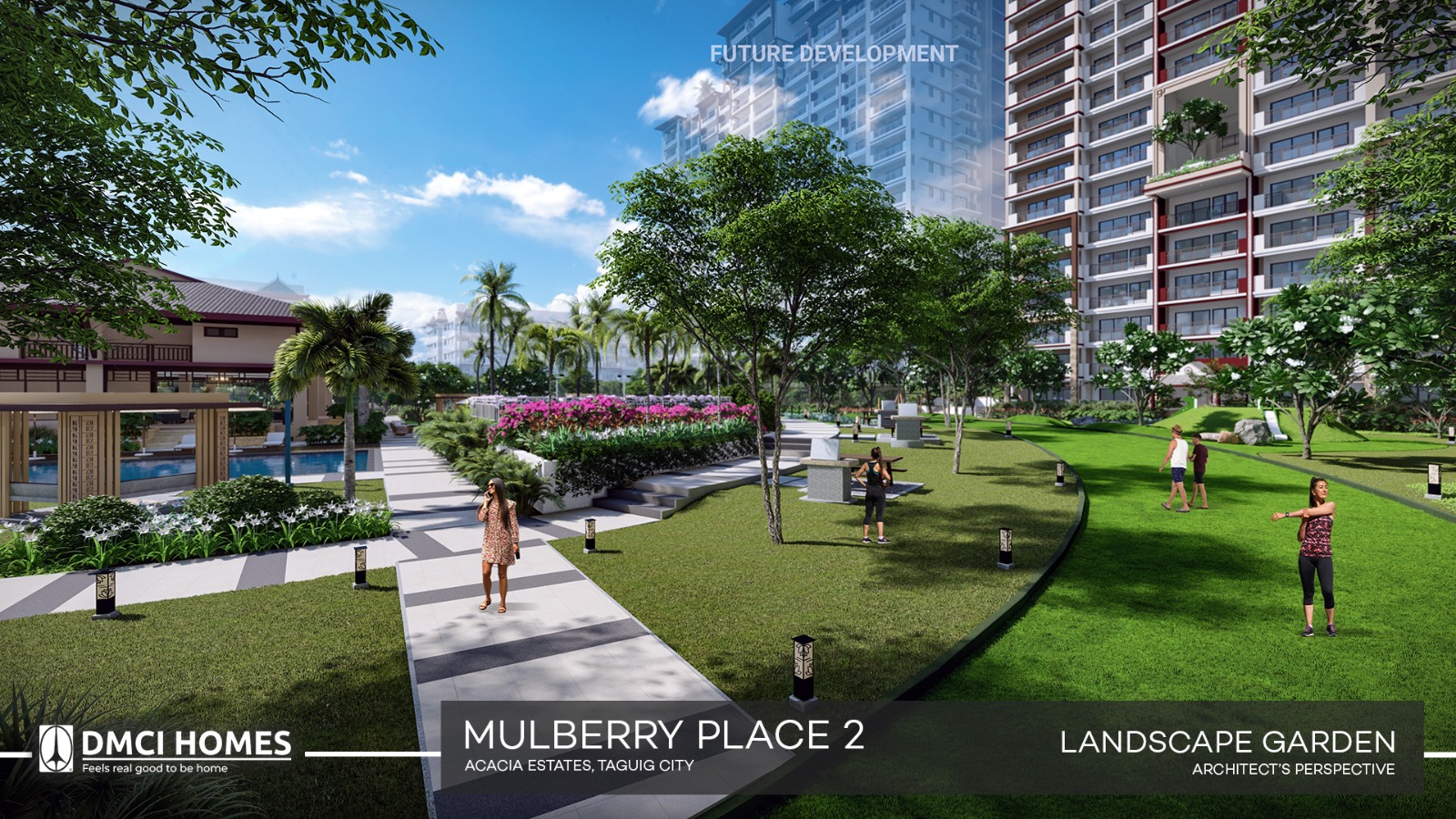 Depict a beautifully landscaped garden at Mulberry Place Phase 2. Focus on the variety of plants, the well-maintained pathways, and the overall sense of tranquility. Include benches or seating areas for residents to relax and enjoy the scenery. Soft, diffused lighting should create a calming atmosphere. Style: landscape architecture photography.